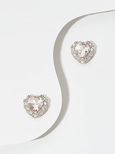 18K Rose Gold Over Sterling Silver Created Pink Sapphire and 1/5th Carat Total Weight Lab Grown Diamond Heart Halo Stud Earrings