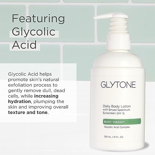 Glytone Daily Body Lotion Broad Spectrum SPF 15 - With Glycolic Acid & Shea Butter - Retexturizing Moisturizer - Fragrance Free - 12 fl. oz.