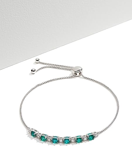 0.175 cttw Lab Grown Diamond and Created Emerald 925 Sterling Silver Bar Bolo Adjustable Bracelet