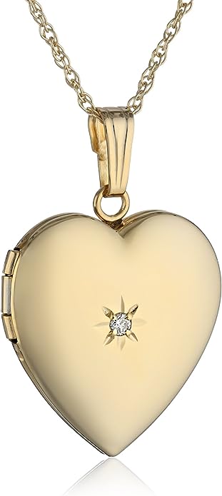 14k Yellow Gold Heart Locket Necklace with Diamond-Accent