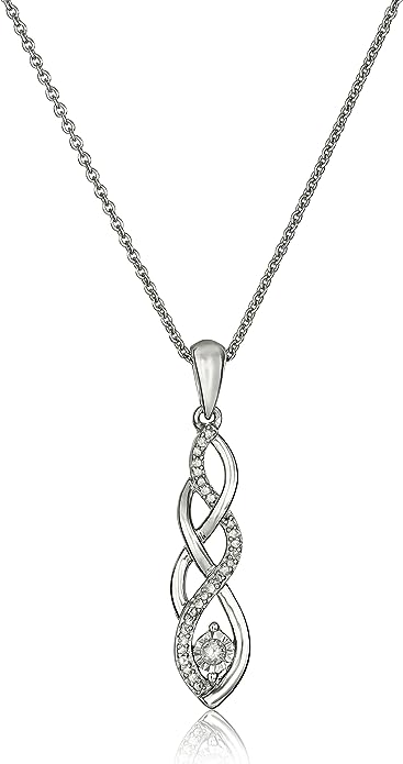 Women Sterling Silver Diamond Twist Pendant Necklace and Earrings Box Set (1/5 cttw), 18"