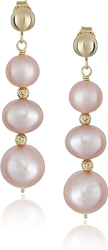 14k Yellow Gold Graduated 6.5-9.5mm Pink Freshwater Cultured Pearl with Sparkling Beads Dangle Earrings