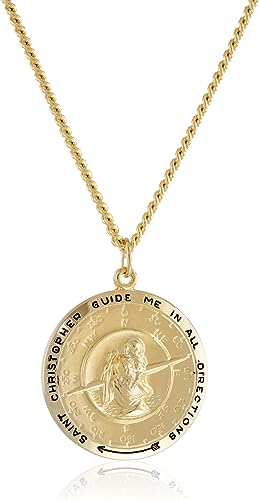 Men's 14k Gold-Filled Round Saint Christopher Compass Medal with Stainless Steel Chain