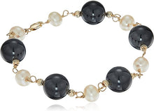 Load image into Gallery viewer, 14k Yellow Gold White Freshwater Cultured Pearl 10mm Simulated Gemstones Tennis Bracelet
