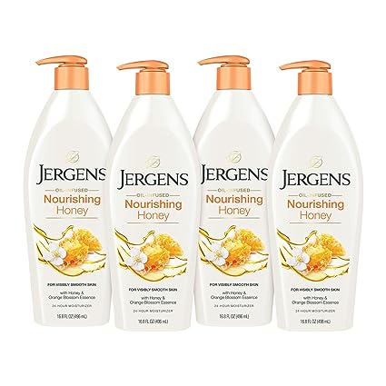 Jergens Nourishing Honey Dry Skin Moisturizer, with Illuminating Hydralucence Blend, Skin Nourishing Formula, Dermatologist Tested,16.8 Fl Oz (Pack of 4) (Packaging May Vary)