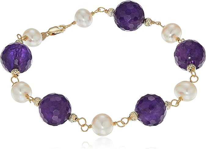 14k Yellow Gold White Freshwater Cultured Pearl 10mm Simulated Gemstones Tennis Bracelet