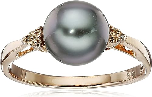 Sterling Silver with Diamond 8-9mm Round Black Tahitian Cultured Pearl Ring