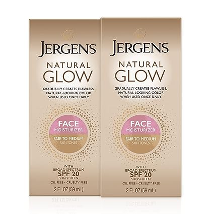 Jergens Natural Glow Face Self Tanner Lotion20 Sunless Tanning, Fair to Medium Skin Tone, Daily Facial Sunscreen, Oil Free, Broad Spectrum Protection, 2 oz, Pack of 2