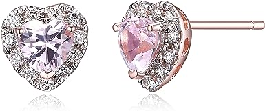 18K Rose Gold Over Sterling Silver Created Pink Sapphire and 1/5th Carat Total Weight Lab Grown Diamond Heart Halo Stud Earrings
