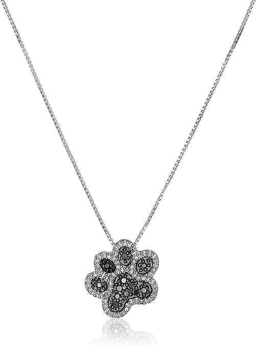 Sterling Silver Black and White Diamond Dog Paw Pendant Necklace (1/10 cttw), 18"