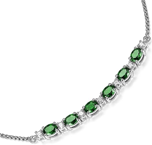 0.175 cttw Lab Grown Diamond and Created Emerald 925 Sterling Silver Bar Bolo Adjustable Bracelet