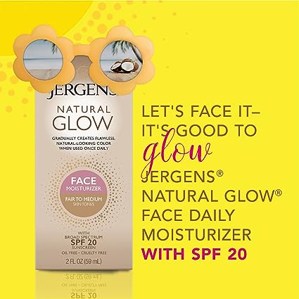 Jergens Natural Glow Face Self Tanner Lotion20 Sunless Tanning, Fair to Medium Skin Tone, Daily Facial Sunscreen, Oil Free, Broad Spectrum Protection, 2 oz, Pack of 2