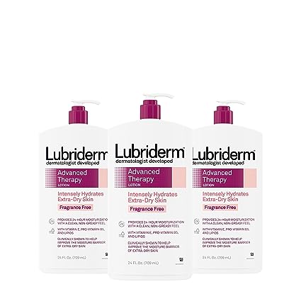 Lubriderm Advanced Therapy Fragrance-Free Moisturizing Lotion with Vitamins E and Pro-Vitamin B5, Intense Hydration for Extra Dry Skin, Non-Greasy Formula, Pack of Three, 3 x 24 fl. oz