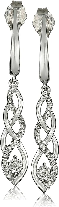 Women Sterling Silver Diamond Twist Pendant Necklace and Earrings Box Set (1/5 cttw), 18"