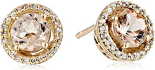 Load image into Gallery viewer, 10K Rose Gold Morganite Round with Diamond Halo Stud Earrings (1/10 cttw)
