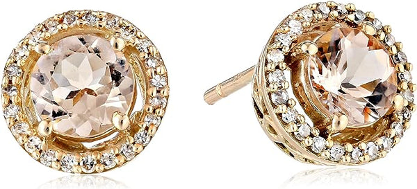 10K Rose Gold Morganite Round with Diamond Halo Stud Earrings (1/10 cttw)