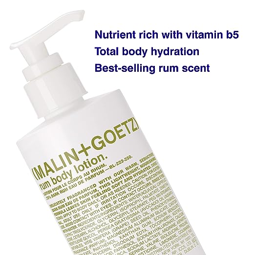 Malin + Goetz Rum Body Lotion – soothing hydrating body lotion for men and women, prevents dry skin, no stripping or irritation. Natural ingredients, cruelty-free, vegan 8.5 Fl Oz