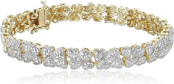 18k Yellow Gold Plated Sterling Silver Genuine Diamond Hearts Bracelet (1/10 cttw, I-J Color, I2-I3 Clarity), 7.25
