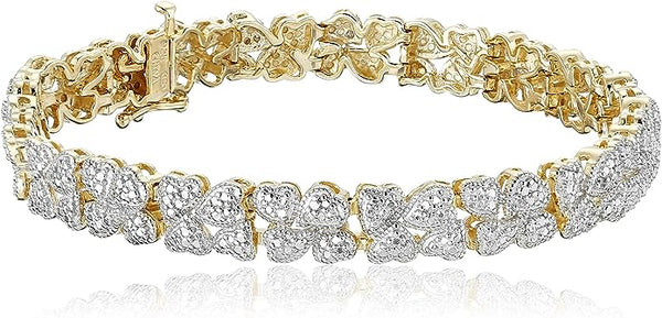 18k Yellow Gold Plated Sterling Silver Genuine Diamond Hearts Bracelet (1/10 cttw, I-J Color, I2-I3 Clarity), 7.25"