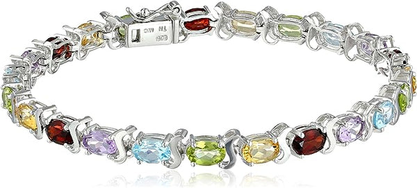 925 Sterling Silver Tennis Bracelet for Women with Multiple 6 x 4mm Oval Gemstones and Box Clasp
