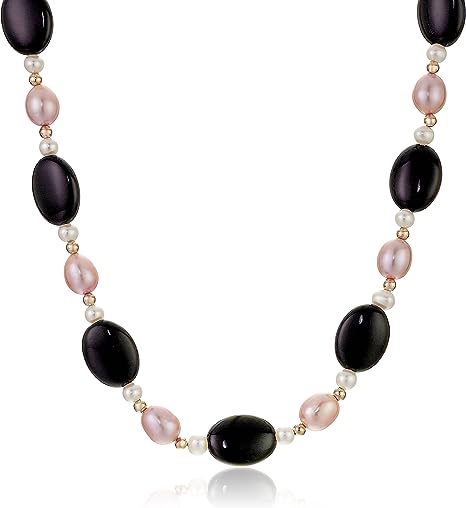14k Yellow Gold 4-5mm White, 7-8mm Pink Freshwater Cultured Pearl and 12x16mm Black Agate Necklace Pearl Strands, 16