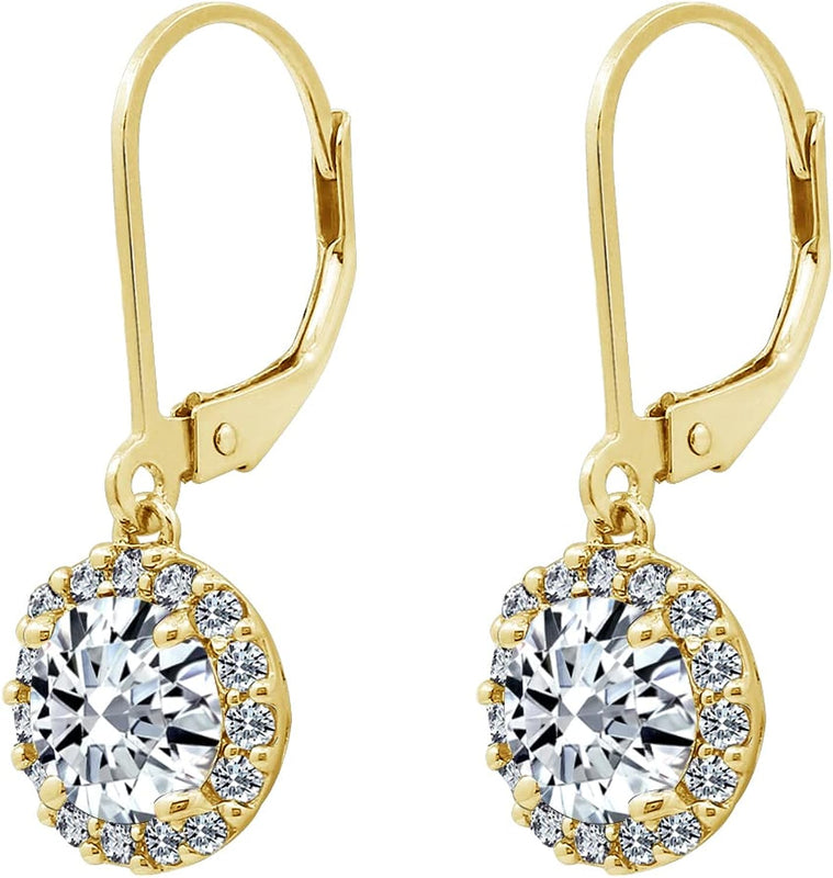 10K Gold Infinite Elements Cubic Zirconia Clear Round Halo Lever back Earrings