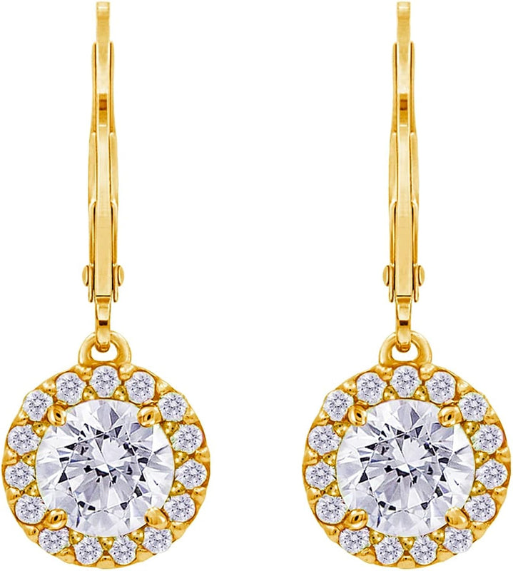 10K Gold Infinite Elements Cubic Zirconia Clear Round Halo Lever back Earrings