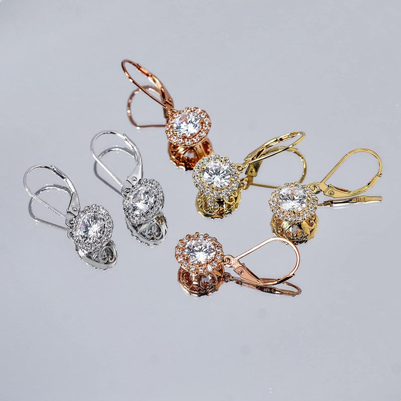 10K Gold Infinite Elements Cubic Zirconia Clear Round Halo Lever back Earrings